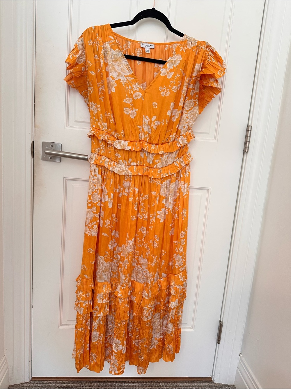 Current Air Orange Floral Ruffle Midi Dress